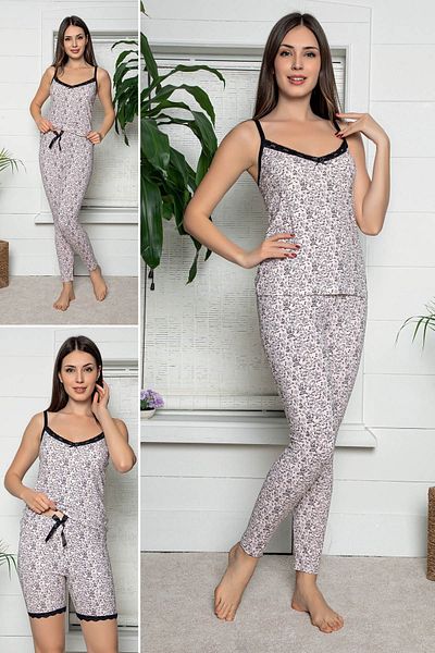 MyBen Women's Ecru Colored Lace Detailed Pajama Set with Shorts and Tights, Set of 3 75030