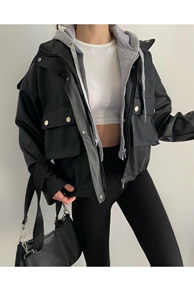 ZF BUTİK Δερμάτινο μπουφάν σε γκρι χρώμα με κουκούλα