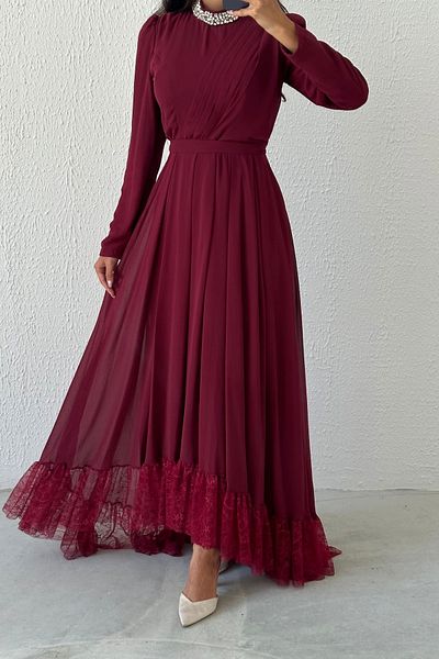 LEYUZE BUTİK Burgundy Chiffon Hijab Evening Dress - Rock with Stone DeTail and Lace