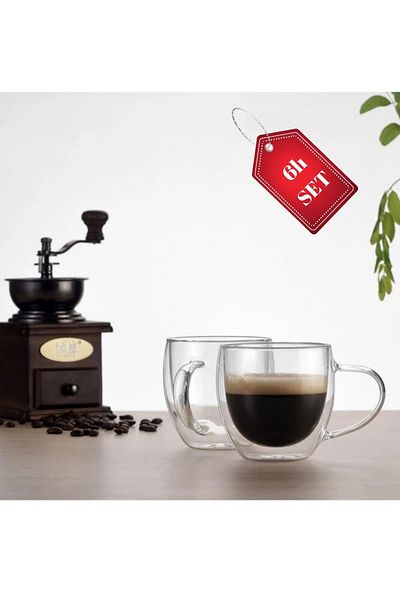 HUBBYCHEF 6 Pieces 80ml Espresso Glasses - Double Wall and Handle
