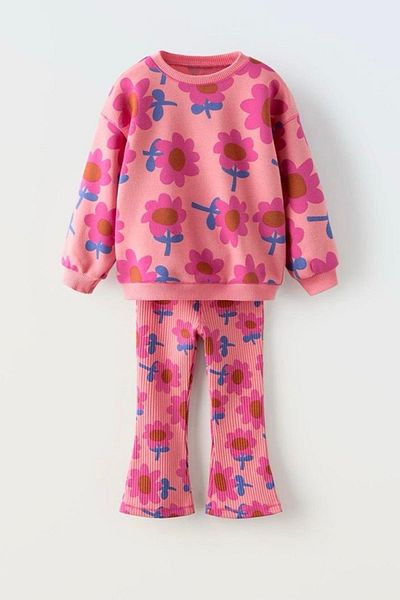 Monila New Season Girl's SPanish Leg - Floral Printed Ribbed Leggings Set, 3 Thread Fabric