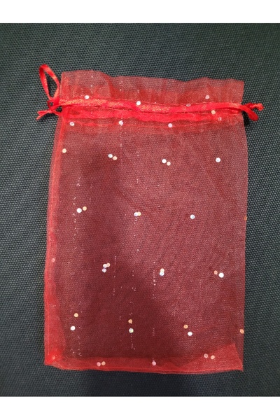 esdekor 18x12,5cm Kırmızı Kumaş İpli Tül Kese Simli Takı İçin Hıdrellez Büyük Boy 1 Adet