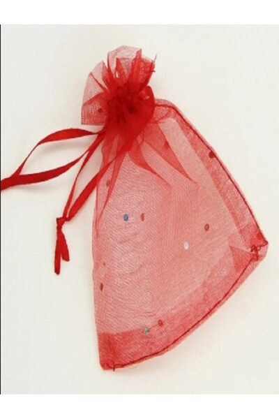 esdekor 18x12,5cm Kırmızı Kumaş İpli Tül Kese Simli Takı İçin Hıdrellez Büyük Boy 1 Adet