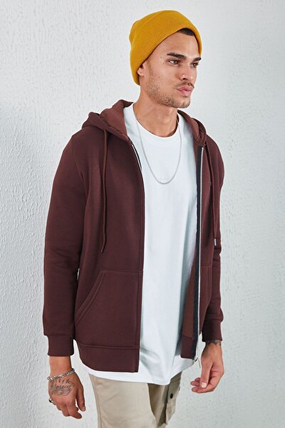 MAN EDITION Кафяв суичър с качулка и цип |   Ee 100227698 -7698