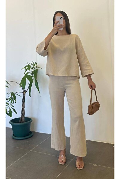 My Blog Kétoldalas bézs muszlin blúz és nadrág szett