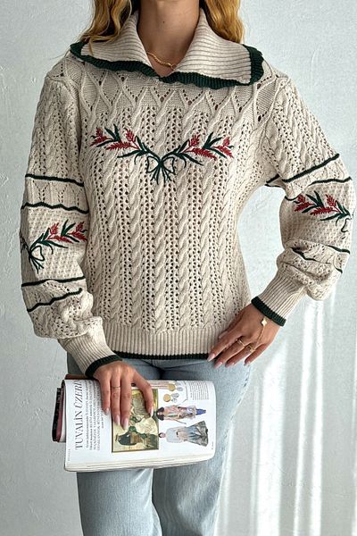 FEMELLE Tricotaj din tricot cu păr brodat bej Pulover de damă - Guler pentru bebeluși
