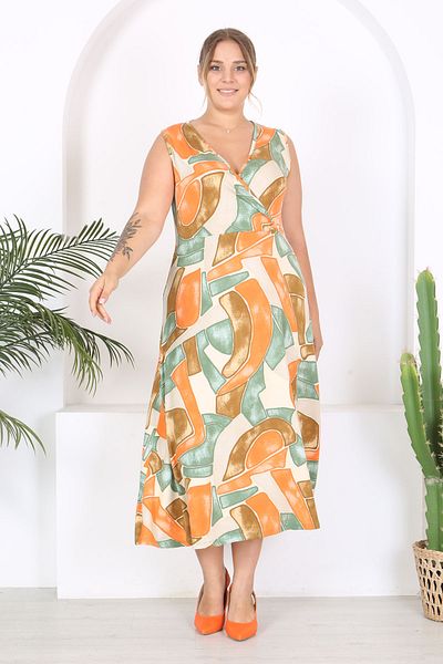 Madwilo Orange Green Geometric Pattern - DouBle Breasted Collar Sleeveless Plus Size Dress