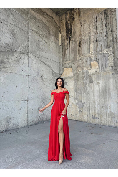 Mekafashion Off Shoulder Slit Evening Dress Red size s model no 8