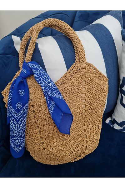Verda Desing Straw Small Size Sleeve Beach Bag with Scarf Hand Knitted
