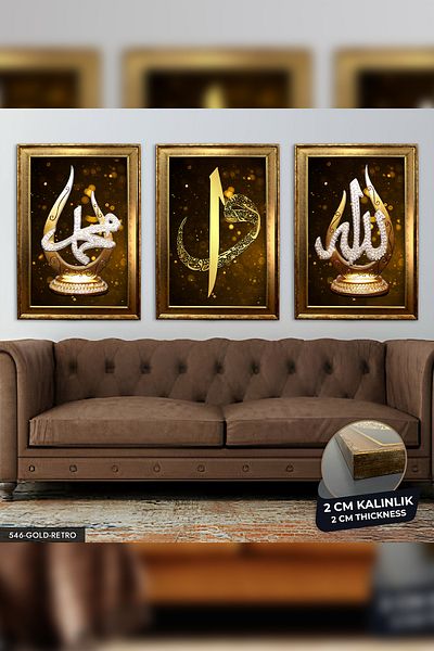 Evinemoda Allah Muhammad Elif Vav Gold Pictură cu rame retro din aur din 3 piese Cvplk