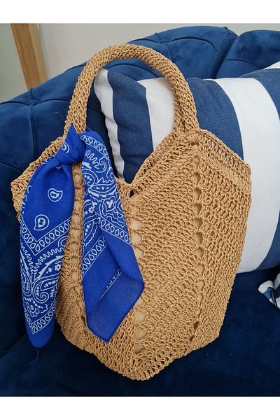 Verda Desing Straw Small Size Sleeve Beach Bag with Scarf Hand Knitted