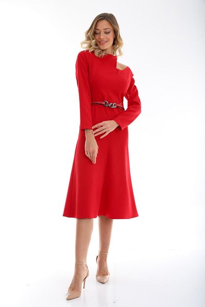 etselements Crew Neck Long Sleeve Shoulder Low-cut with Belt Solid Color Long Dress