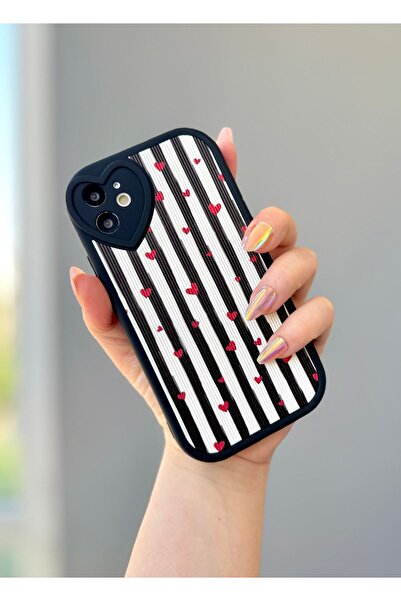 MİRAZ TASARIM حافظة آيفون 11 بنمط قلب مخطط باللون الأسود
