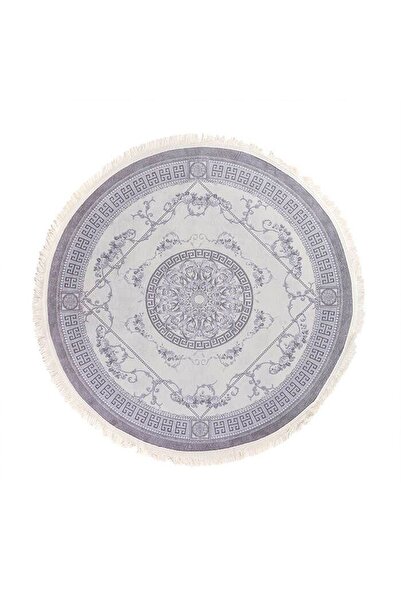 In House Velvet Turkish Round Decorative Carpet -Grey - 120x120 cm