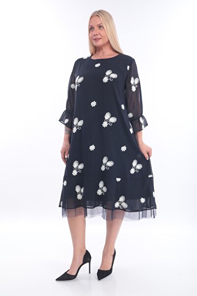 etselements Γυναικείο φλοράλ κέντημα με κεντημένο σιφόν φόρεμα με επένδυση μεγάλου μεγέθους