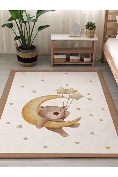 Evmila Kaymaz Tabanlı, Renkli, Ayda Yatan Ayı Ve Yıldız Desenli Çocuk Halısı ...