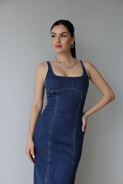 Julidress Blugi de tendință albastru închis - rochie midi premium din denim cu croială subțire și fante