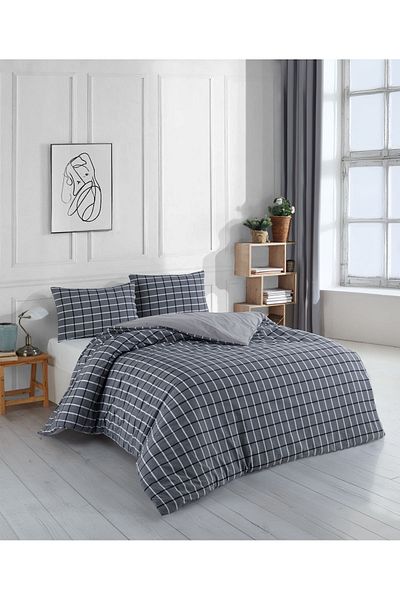 uykulife home collection Σετ Παπλωματοθήκης Καπνιστή Λευκή Καρό Ζευγάρι UYKULIFE