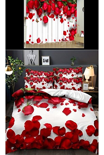 Elmas Dizayn طقم غطاء لحاف مزدوج مكون من 4 قطع - ستارة خلفية وردية حمراء، قطعتين