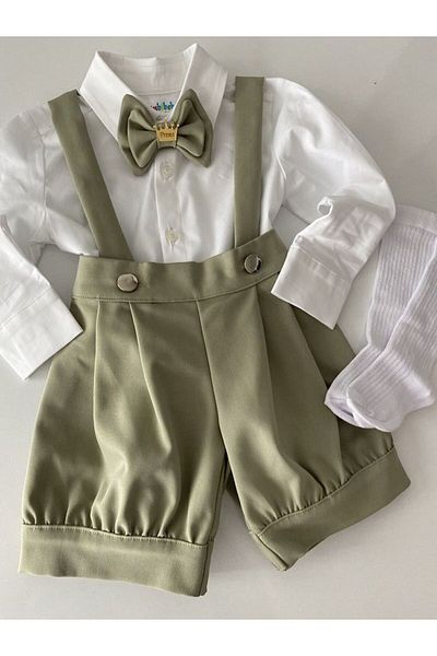 tubibebe Soft Green Shorts Salopet Shirt and Bow Tie Socks Set - Set of 4