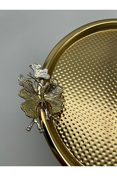 Fiyakalı Ürünler Atölyesi Standing Gold Round Metal Tea and Coffee Serving Tray, Pastry, Cake, Cookie, Dowry Presentation Tray