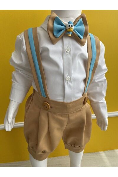 tubibebe Set of 4 Honey Foam & Turquoise Shorts Salopet Shirt Bow Tie Socks