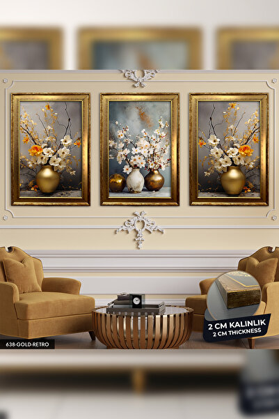 Evinemoda Vazoda Çiçekler 3 Parça Gold Retro Çerçeveli Tablo Cvplk