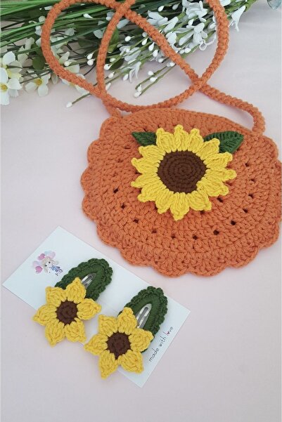 afralya home Kız Bebek/Çocuk Dekoratif Örgü Çanta ve Toka Takımı