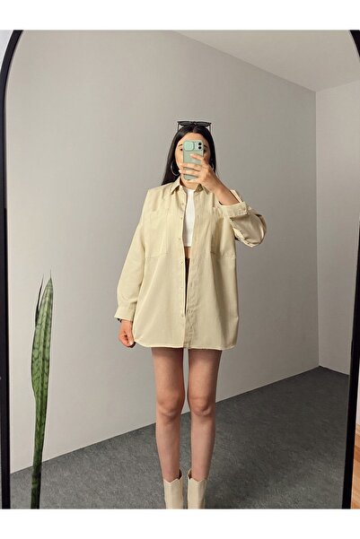 Hacer Balcı Çift Cepli Oversize Bej Kadın Keten Gömlek