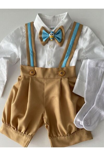tubibebe Set of 4 Honey Foam & Turquoise Shorts Salopet Shirt Bow Tie Socks