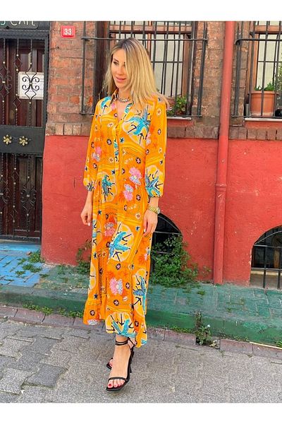 Natavan Rochie de vara din bumbac - portocaliu, cu modele, guler de camasa