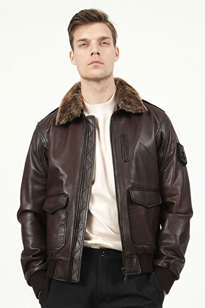 Dericlub Erkek Montreal Jumbo Yaka Kürklü Hakiki Deri Kaban Fındık