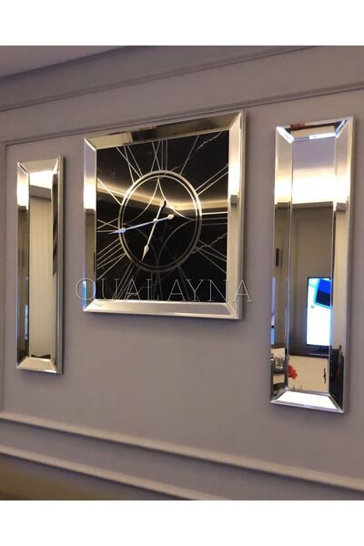 QUAL 3’lü Gümüş Renk Mermer Saat Seti 70x 70 cm Saat 25x90 cm Yan Aynalar