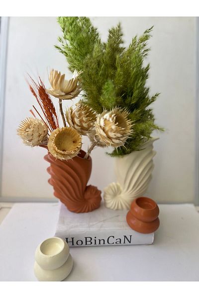 BLANJ Brick and Cream Colored Snail Double Vase and Candle Holder Set