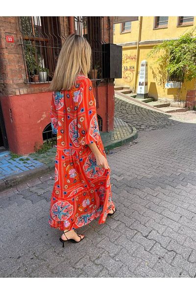 Natavan Rochie de vară din bumbac portocaliu - Guler cămașă