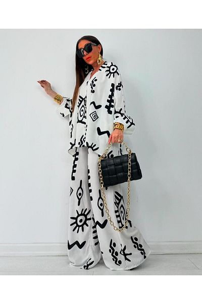 Natavan Patterned White Top and Bottom Set