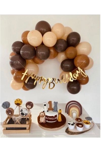 Deniz Party Store Brown and Caramel Balloon Set with Gold Colored Happy Birthday Calligraphy Writing - Tan Color