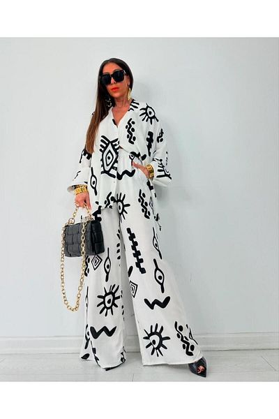 Natavan Patterned White Top and Bottom Set