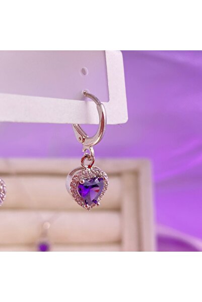 Alsem Gümüş Kaplama Mor/Pembe Kalp Taşlı Zirkon Hoop Küpe , Mor/Pembe Kalpli Hoop Küpe