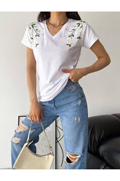 REMENY Γυναικεία μπλουζάκι με κέντημα με λουλουδάτο λουλούδι με λαιμόκοψη σε νέα σεζόν με κέντημα από βαμβάκι