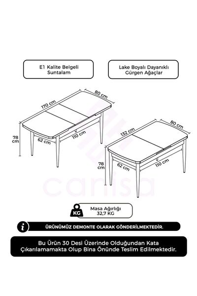 Canisa Atlantik Çam 80x132 Açılabilir Ceviz Vernikli Ahşap Ayak Yemek Masası
