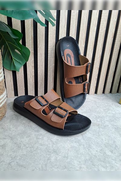 Allyup Men's Casual Tan Slippers - Double Adjustable Buckle, Patterned, Anatomical Soft Sandals 066