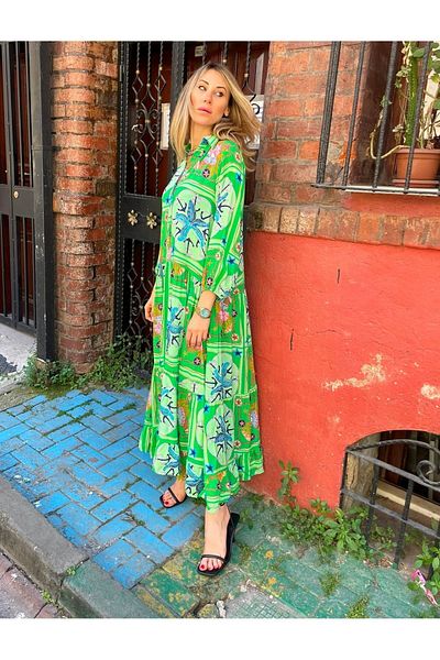Natavan Rochie de vară cu guler cămașă din bumbac cu model verde