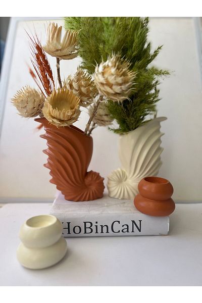 BLANJ Brick and Cream Colored Snail Double Vase and Candle Holder Set