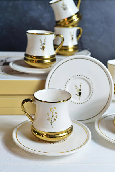 HOUSETONE Set de cești de cafea turcească din porțelan Almond Gold pentru 6 p...