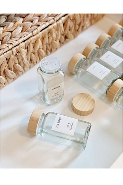 HOUSETONE 12-Piece Glass Spice Bowl with Bamboo Lid and Label 120 ml