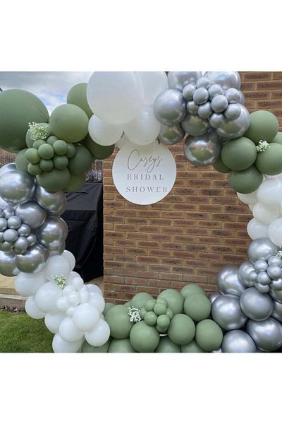 BAL10 DÜNYASI Chrome Silver Mold Green and White Balloon Chain 100 Pieces