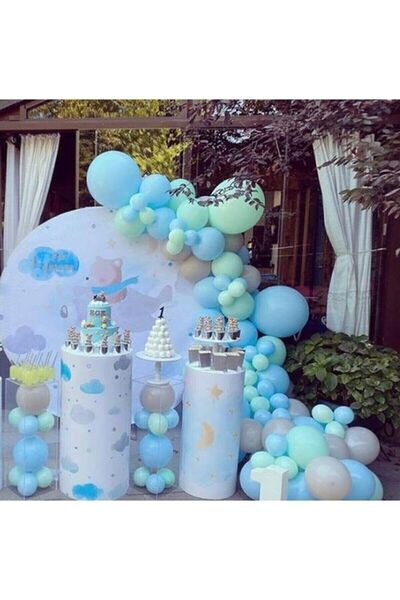BAL10 DÜNYASI Pastel Blue-mint Green-gray Balloon 50 Pieces + 5 Mt. Balloon C...