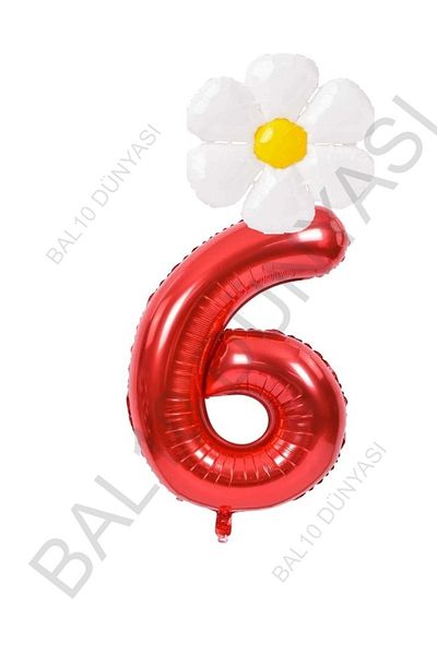 BAL10 DÜNYASI Red Number and White Daisy Foil Balloon Set Age 6