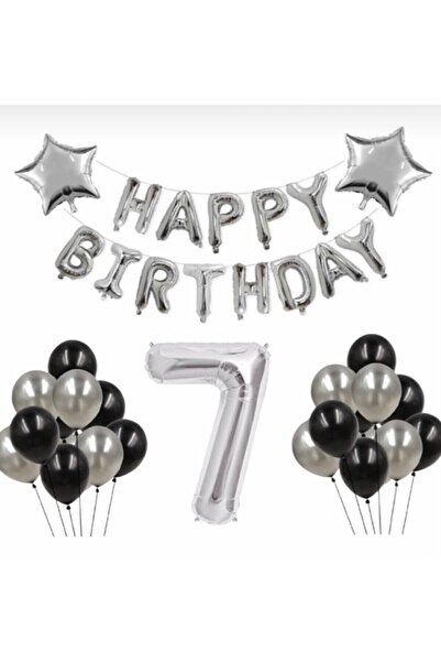 BAL10 DÜNYASI Silver 7 Years Old Happy Birthday Set with Foil Balloons and Stars